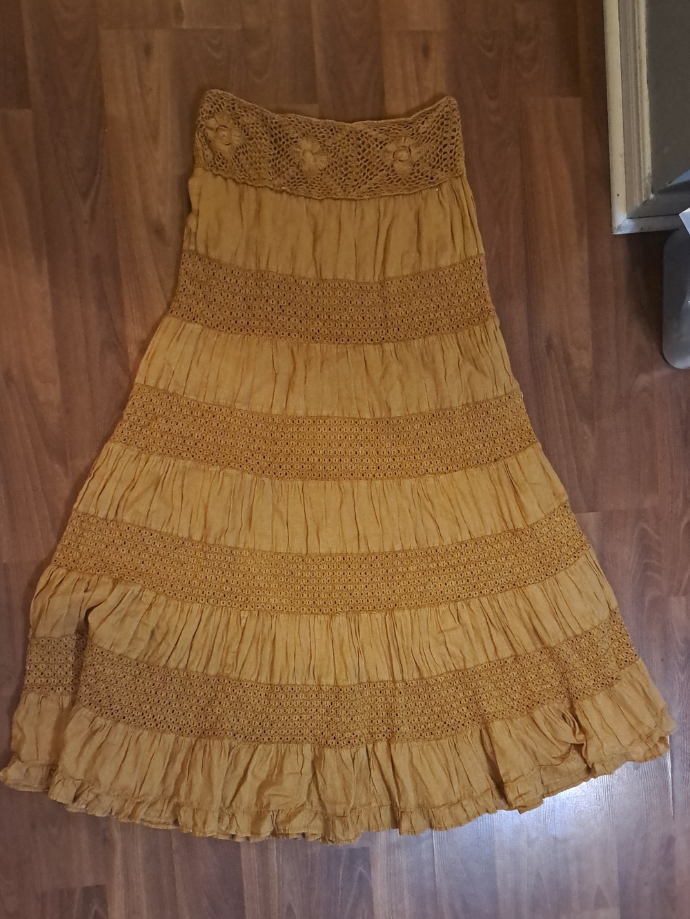 Solitaire Mustard Boho Tiered Crochet Waist Maxi Skirt. Fairycore.  100% Cotton